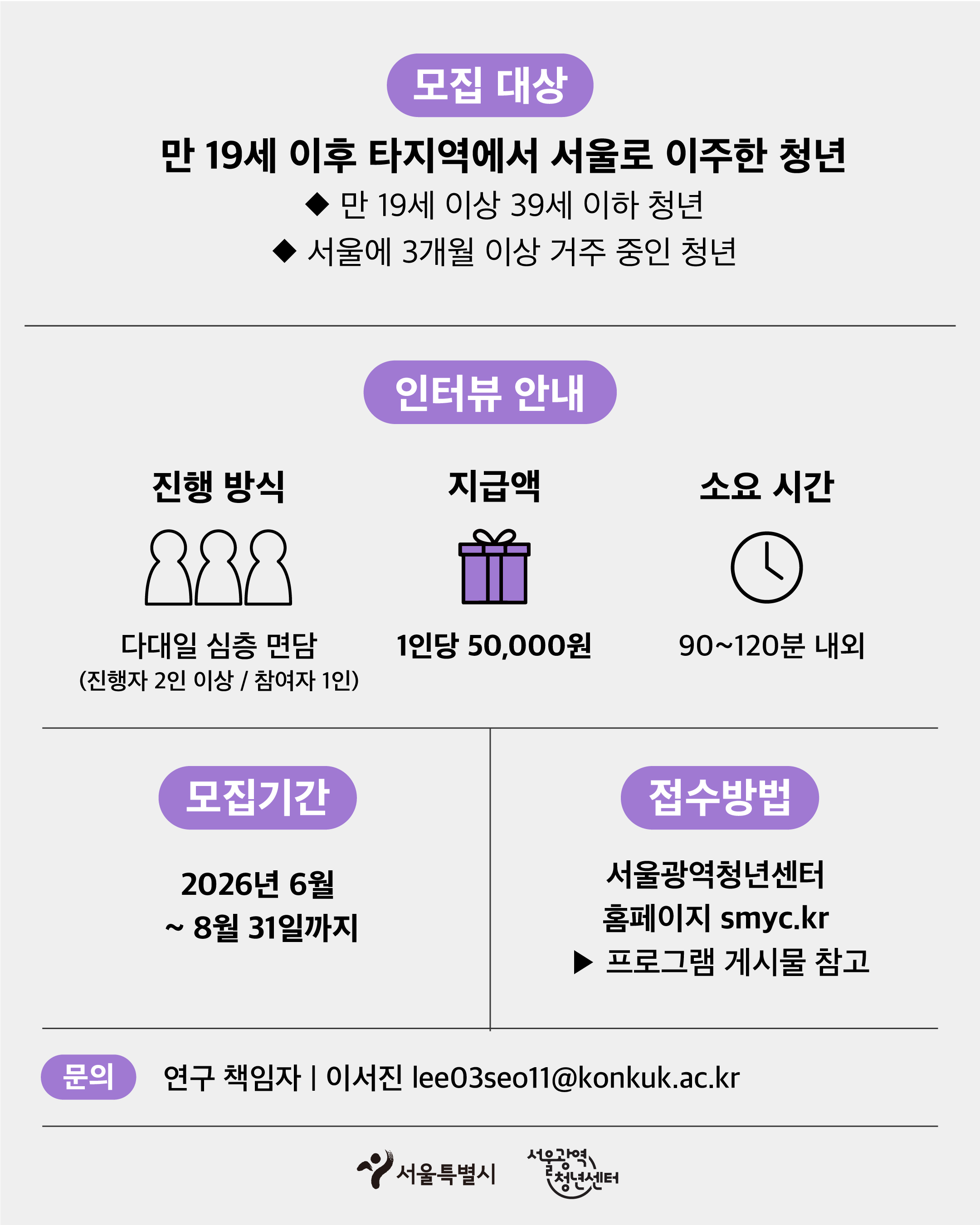 서울광역청년센터 <서울 이주 청년 인터뷰 참여자 모집> 안내
