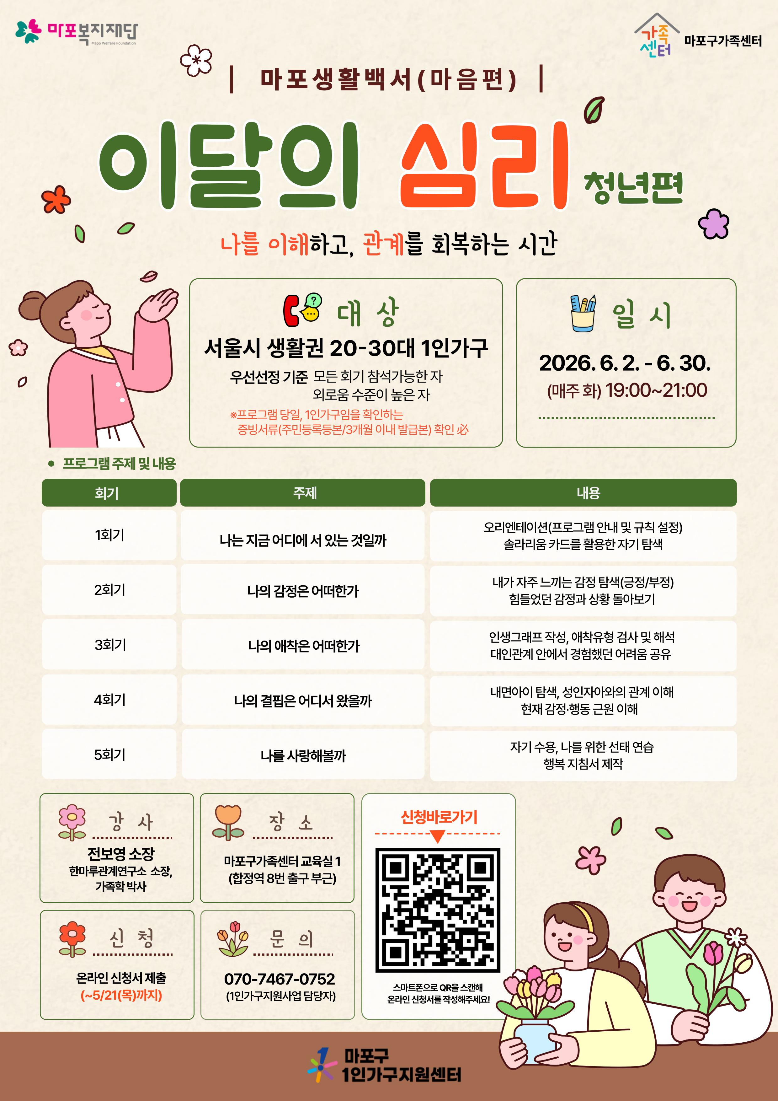 마포구가족센터 <20-30대 1인가구를 위한 이달의 심리 2차> 참여자 모집